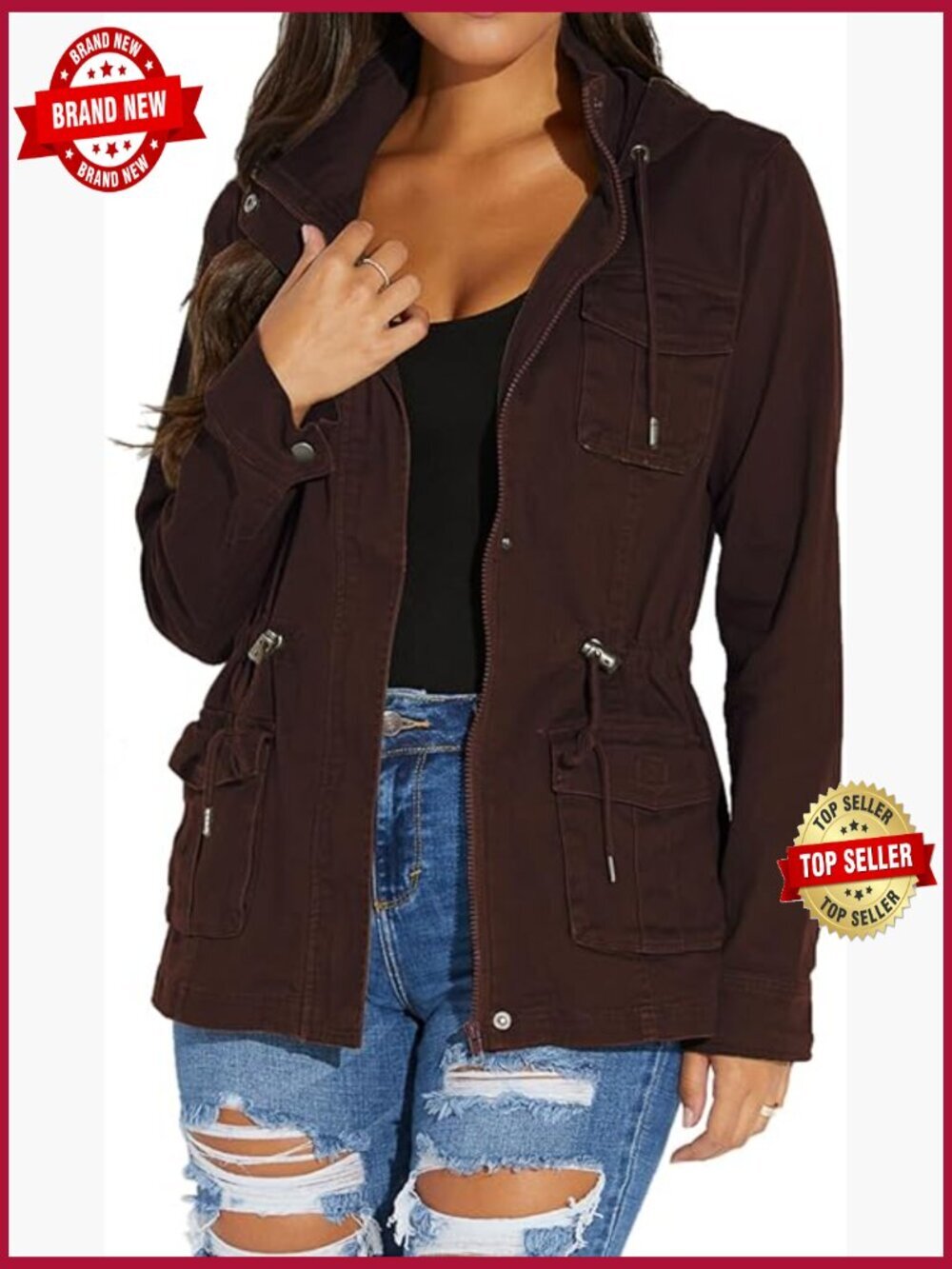 Women's Military Casual Jacket Long Sleeve Utility Coat with Zipper Pockets